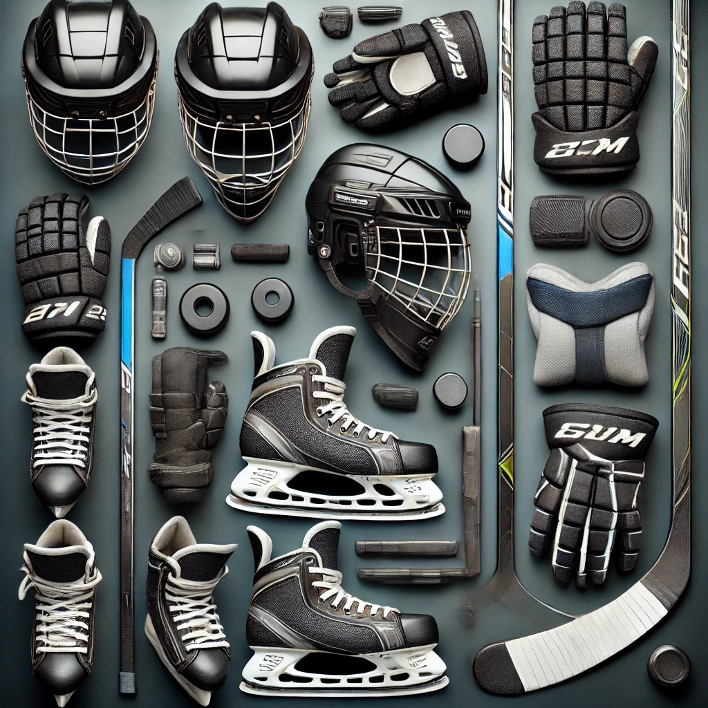 hockey sticks, helmets, gloves, and protective pads.